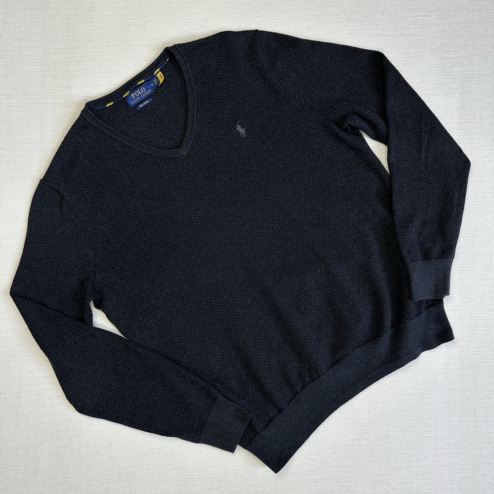 Polo Ralph Lauren Sweater Mens Medium Gray Pima Cotton V Neck Herringbone Knit
